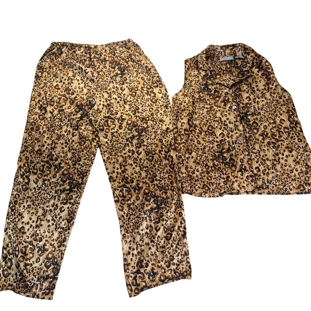 Valerie Stevens Intimates VTG Leopard Pajama Set Sleeveless Pants M Cheetah